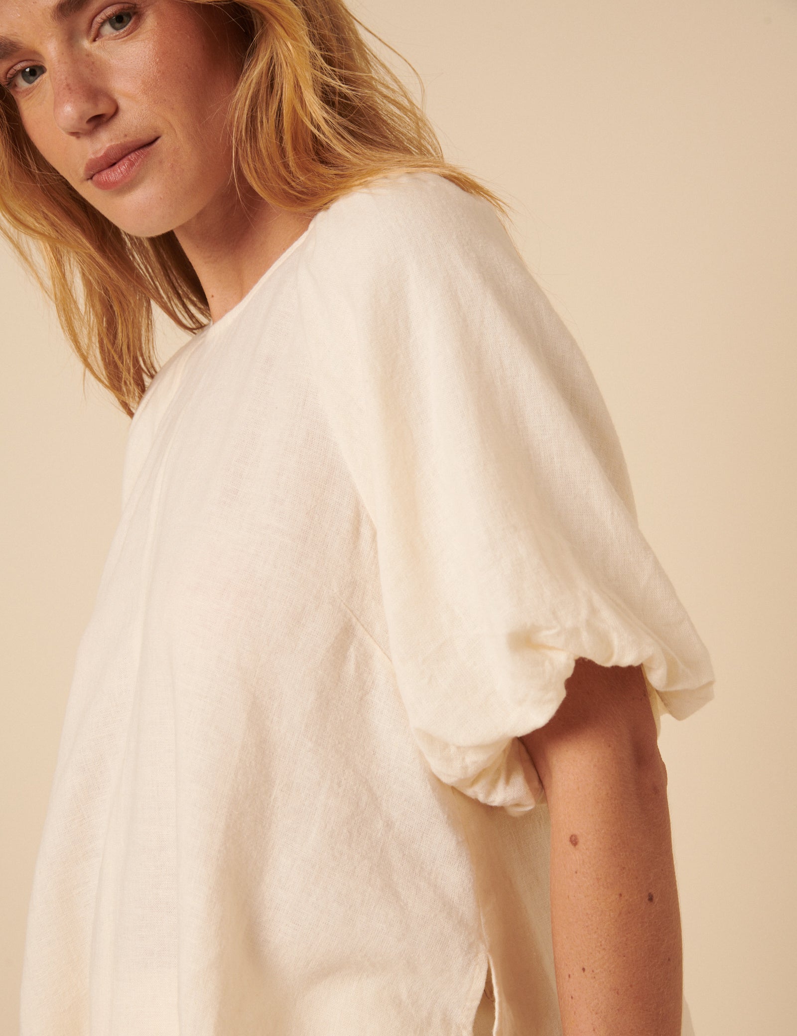 Secondary image of Cream Linen-blend Puff Sleeve Top